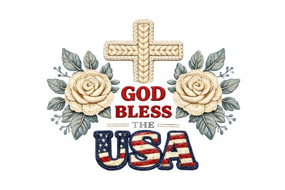 God Bless USA Embroidery Cross Rose PNG